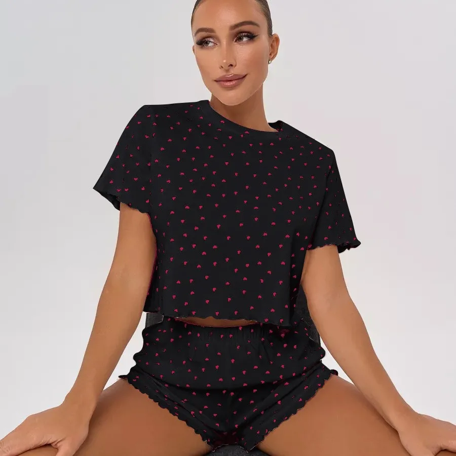 

Women Pajama Set Loungewear Black Love Printed Casual Short Sleeve Shorts Two-piece Set Sexy Pajamas for Women Pijamas Women