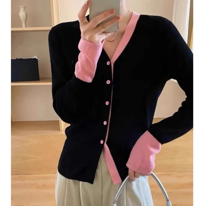 maglione lavorato a maglia a maniche lunghe con scollo a V coreano con giunture a contrasto cardigan top versatile slim monopetto primavera autunno da donna