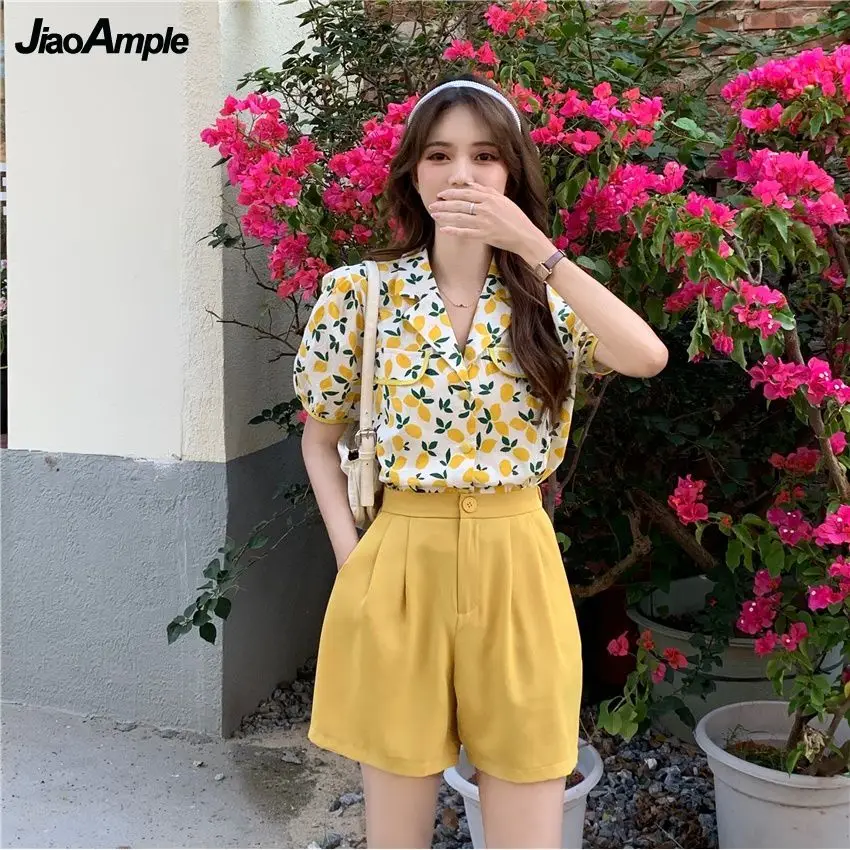 

Women's Summer Casual Suit Collar Floral Shirt Top Wide Leg Shorts Two Piece Korean Style Elegant Loose Short Sleeve Pants Suit