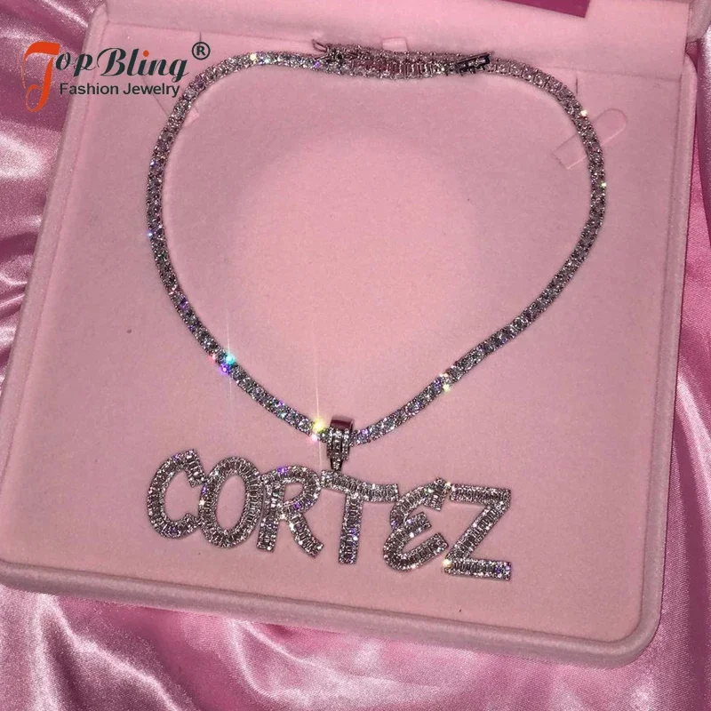 TopBling Custom Name Words Baguette Letters Pendant  Charm AAAA Zirconia Men's Hip Hop Necklace Chain Rock Jewelry