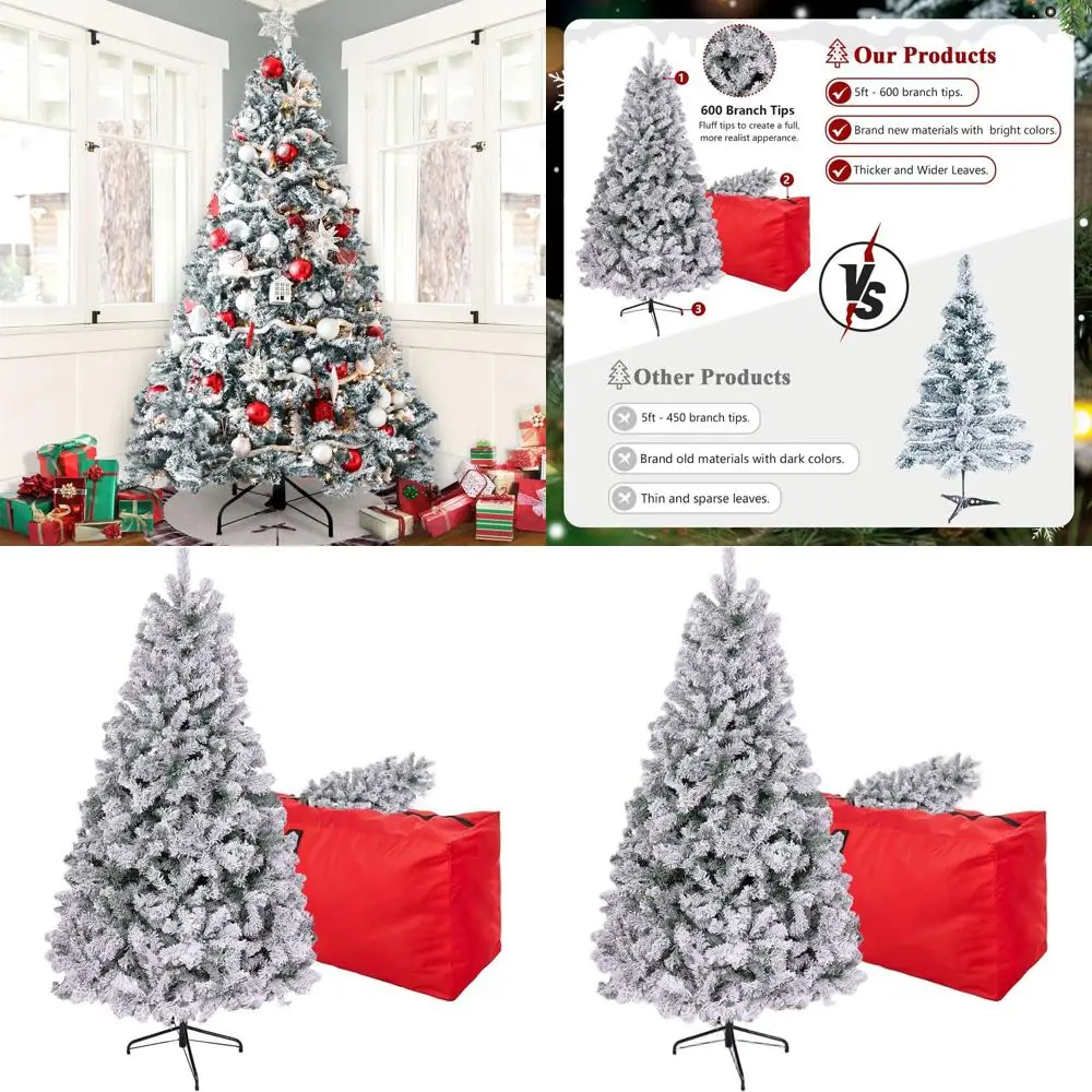 

Рождественская елка из флокированной ели премиум-класса на 6 футов с 600 наконечниками и складной металлической подставкой