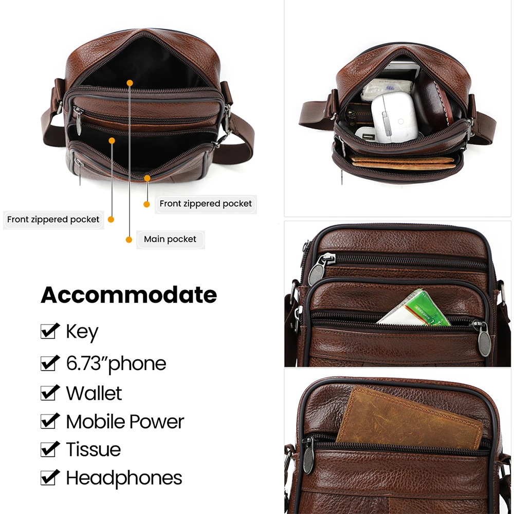 2024 New Casual Vintage Brown Black Coffee Cowhide Genuine Leather Shoulder Mini Women Men Messenger Bag for Phone Purse M6033