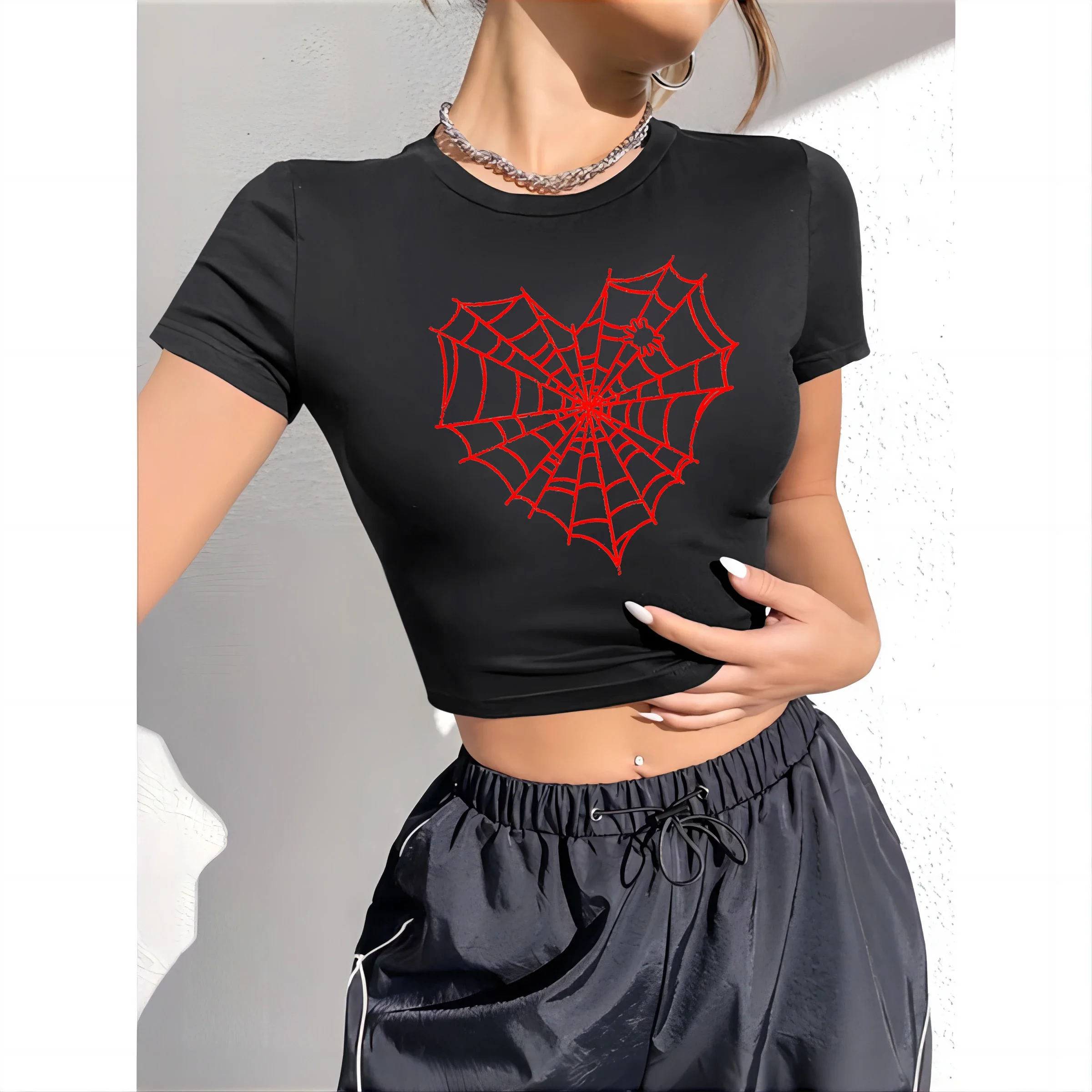 Spider Web Print Harajuku Aesthetics Women's T-shirt 90s Summer Vintage Top Y2k T-shirt