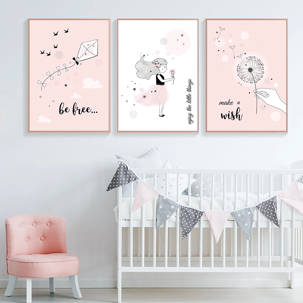 Pink Girl Baby Room Decoration Nordic Kids Canvas Painting Poster For Children Nursery Wall Art Cartoon Kite Pictures Posters