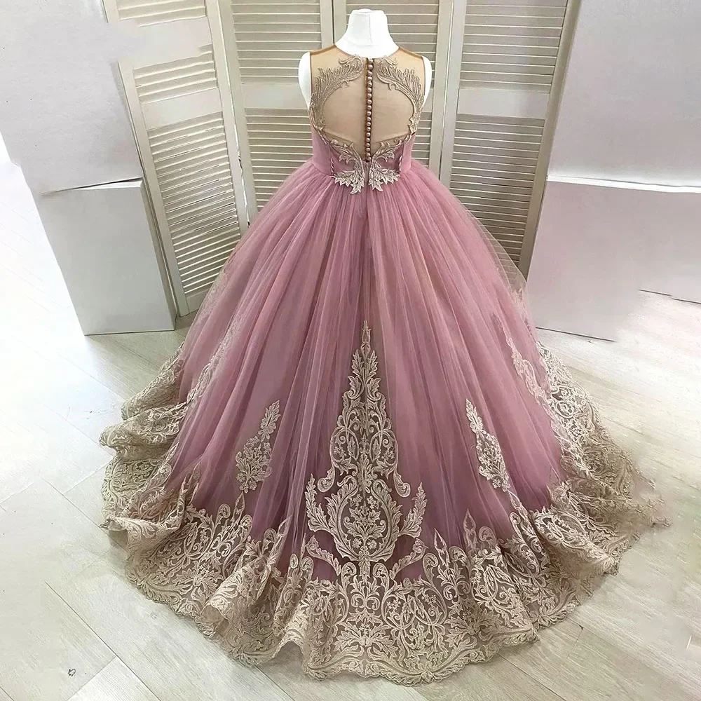 Abiti da ragazza di fiori in Tulle rosa per matrimonio pizzo dorato principessa gonfia senza maniche lunghezza del pavimento per bambini abiti da festa di compleanno abiti da ballo