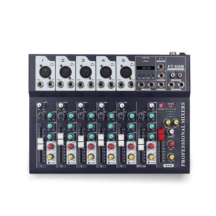 

F7-USB Mini Audio Mixer Console with USB,Built in effect processor , 7 channel mixer sound console 48v power supply