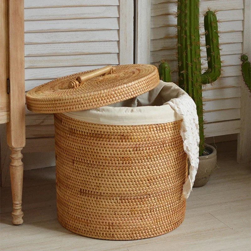 2024 New Arrival Round Portable Plant Woven Basket Household Rattan Laundry Basket With Lining And Lid