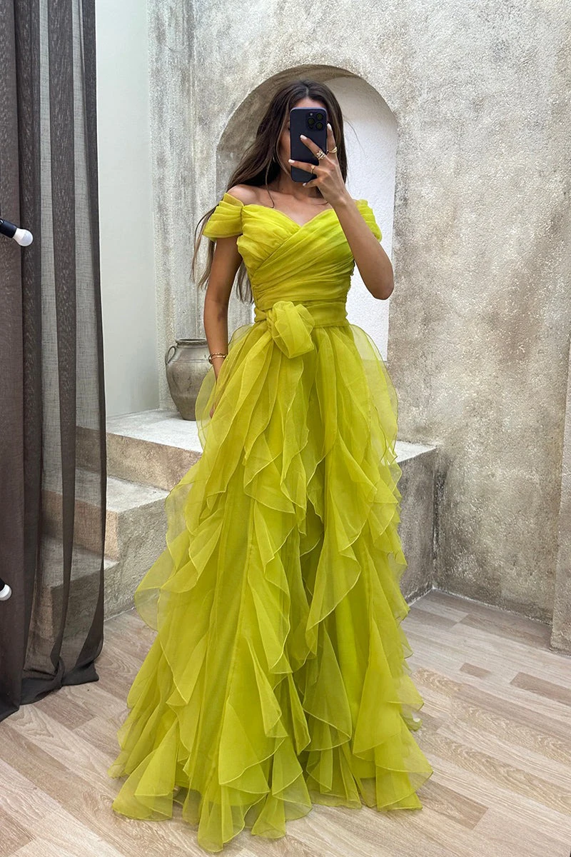 Tulle Ruffles Ball Gown Prom Dresses for Women Off Shoulder Formal Party Dress Long Vestidos De Gala Mujer Elegant Evening Gown