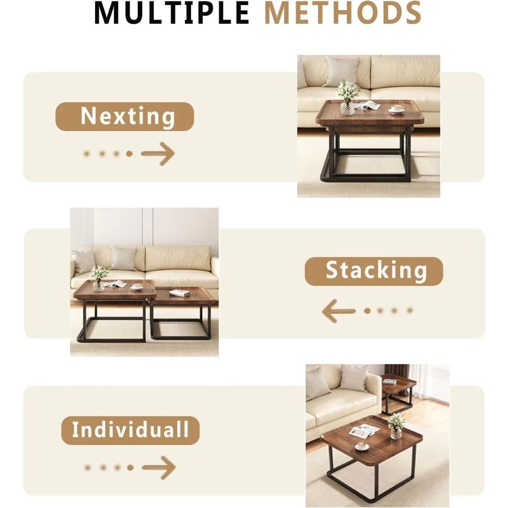 مجموعة طاولة القهوة المتداخلة مكونة من 2، 23.6+19.7 طاولات متداخلة، طاولة قهوة مربعة صغيرة مع مخدد، طاولة مركزية لغرفة المعيشة #6