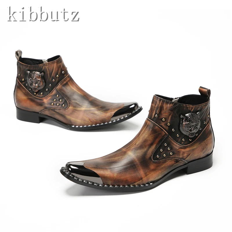 New Men Chelsea Boots Genuine Leather Rivet Metal Decor Brown Cowboy Boots Wedding Dress Shoes Motorcycle Ankle Boots
