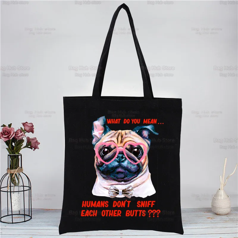 Pug Dog Harajuku Canvas Women's College Ulzzang Black Large Animal Pet Cartoon Capacity Casual Fashion Shoulder Bags