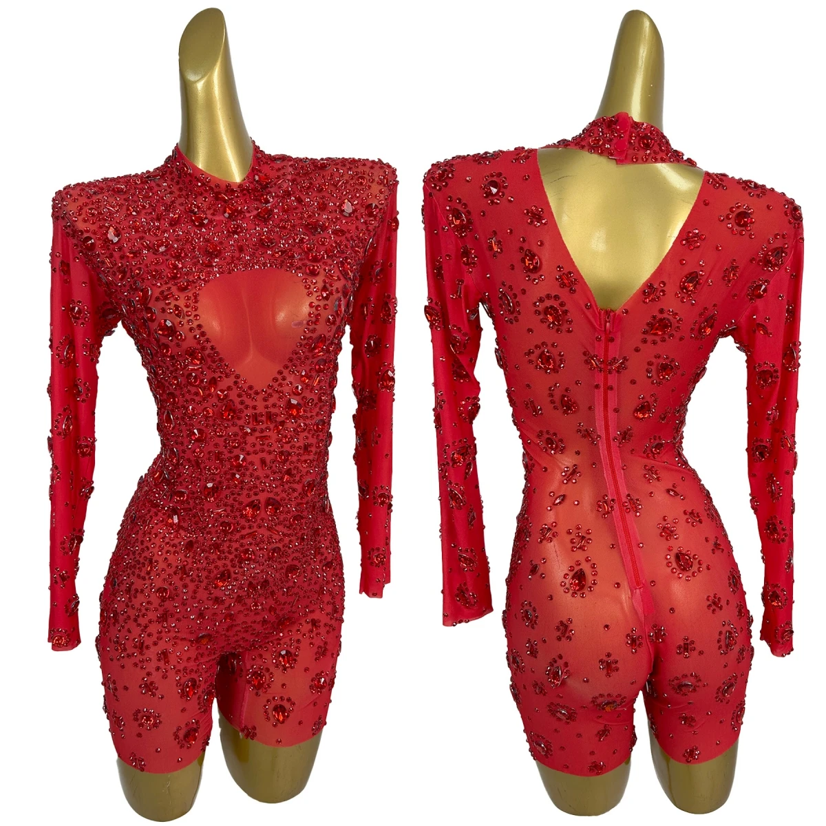 

Red Sparkly Crystal Beading Prom Tight Fitting Bodysuit Black Girls Ladies Special Occasions Sexy Party Night Club Outfit Cuican