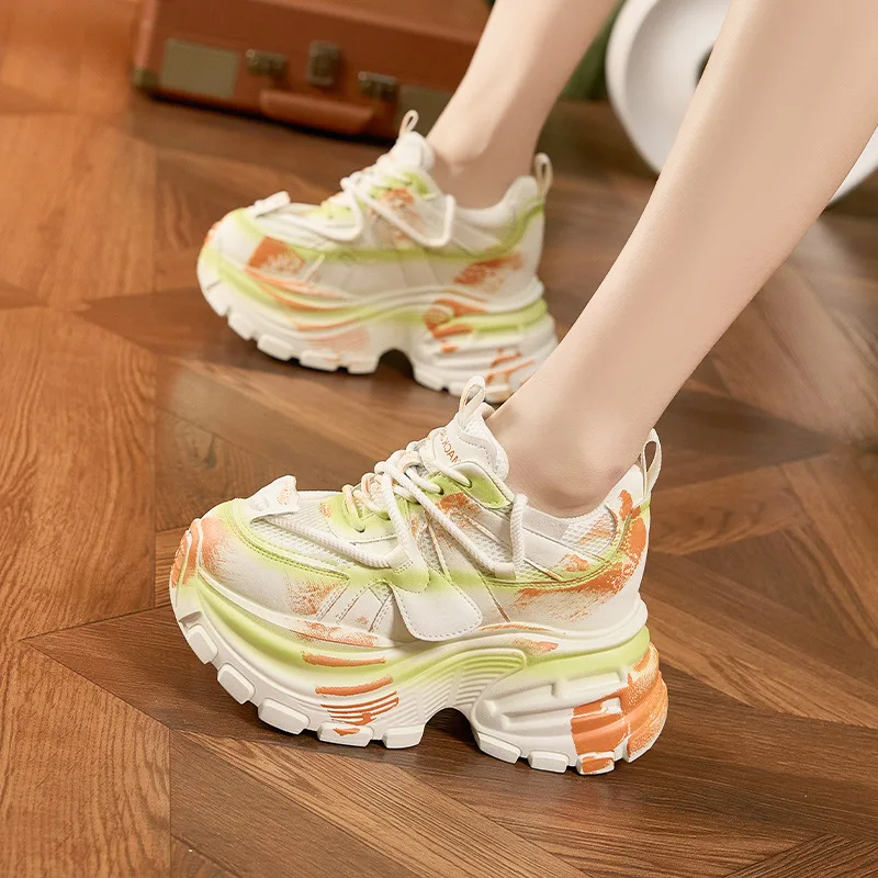 2026 Spring Autumn Chunky Sneakers Women Dad Shoes Distressed 9cm Platform Height Increasing Vintage Retro Casual Sport Trainers