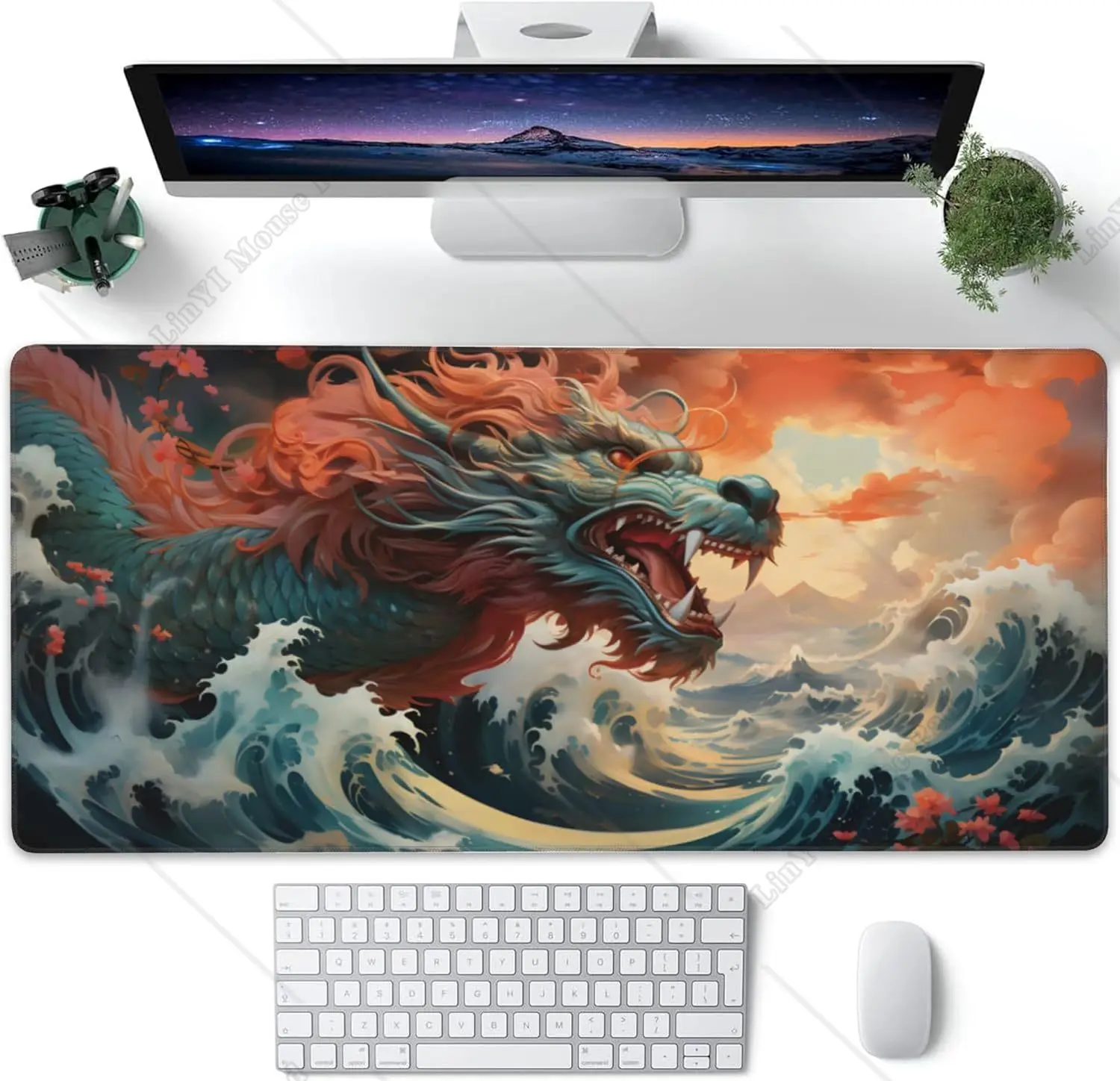 

Dragon and Blue Ocean Large Extended Gaming Mouse Pad with Non-Slip Rubber Base Stitched Edges for Computer Office 35.4X15.7 In