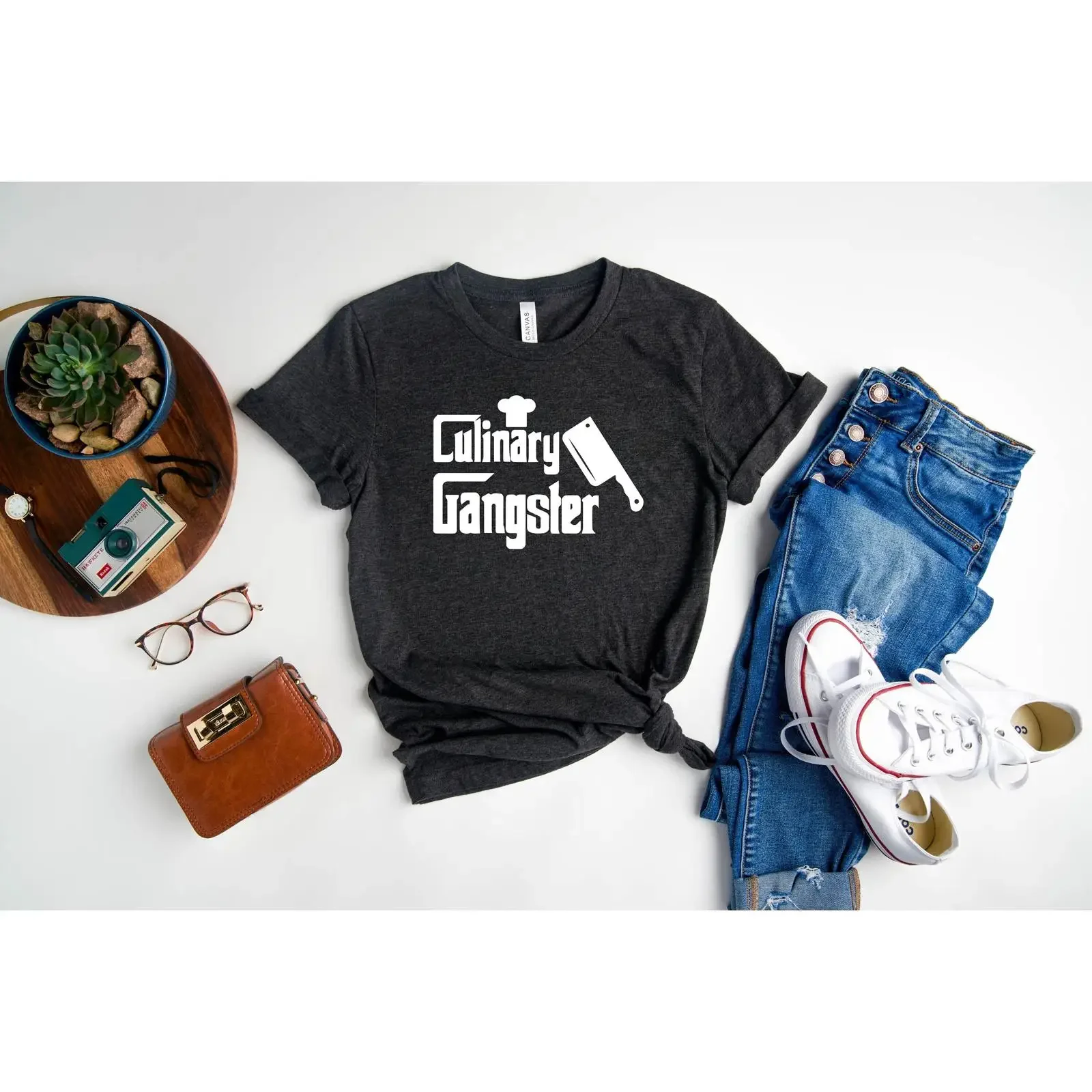 Culinary Gangster Funny Chef T Shirt Casual Cooking Cook for Chefs Enthusiasts vintage Washed homme Unisex Versatile Stylish