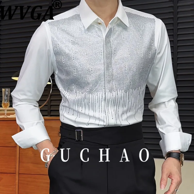 

WVGA Spring Autumn New Men's Tide Luxury Full-diamond Design Silky Draped Trendy Shirt Niche Casual Turn-Down Collar Tops W21987
