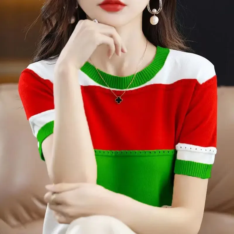 New Summer Ice Silk T-shirt Short-sleeved Women's Round Neck Color-blocking Hollow Loose Slimming Knitted Thin Half-sleeved