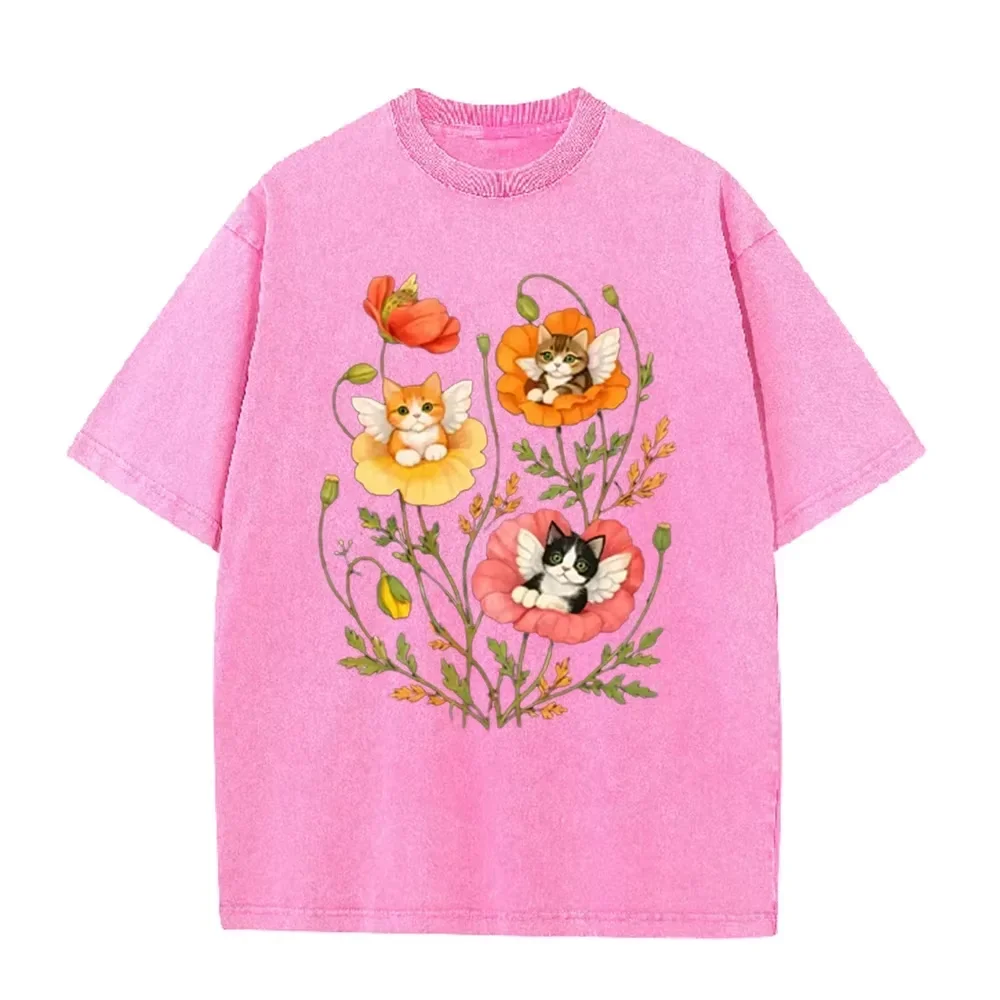Vintage Washed Pink Angel Kittens In Poppy Flower Print Cute Cat Lover Casual T Shirt
