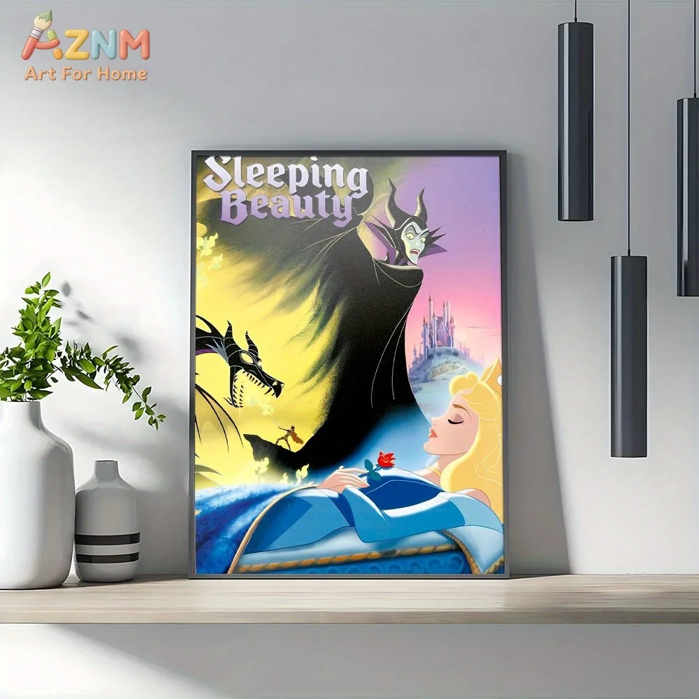 Póster de la película Disney La Bella Durmiente de AZNM, diseño artístico de la escena del castillo del dragón de Maléfica y Aurora, impresión plana 2D, arte de pared en lienzo sin marco