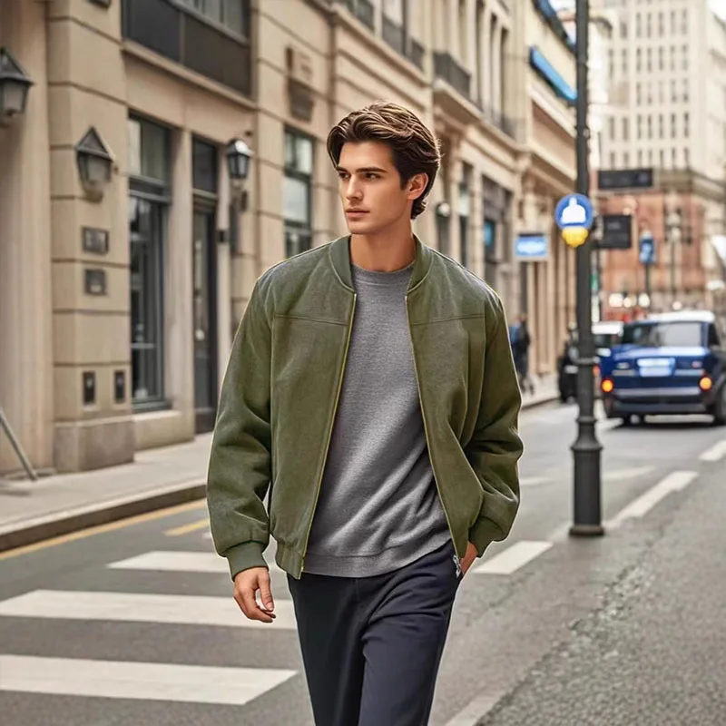 New men's fashionable solid color zipper jacket, casual retro long sleeved cardigan, autumn and winter fashionable street top