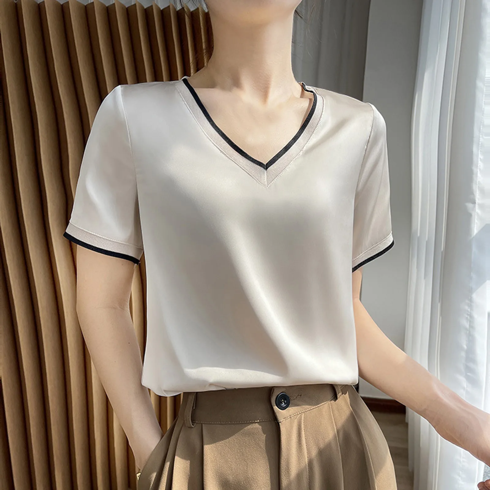 Summer Short Sleeve Women\'s T Shirt New Fashion Simulation Silk Satin Short Sleeve T Shirt Mesh Splicing V Neck Solid Color Tops