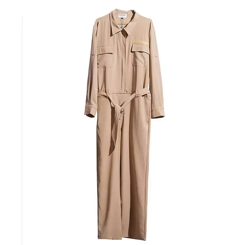 Macacão de carga feminina primavera e outono novo design de zíper fino khaki personalidade casual calças tamanho grande