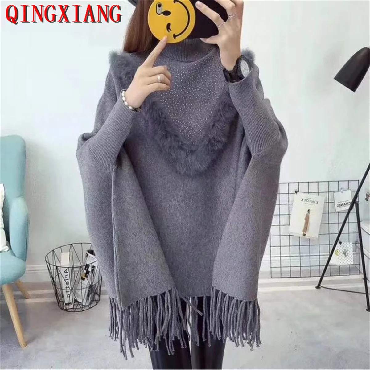 V Style Fur Beading Diamond Sweater Tassel Loose Knitwear Long Batwing Sleeve Streetwear Poncho High Neck Thick Knits Pullover
