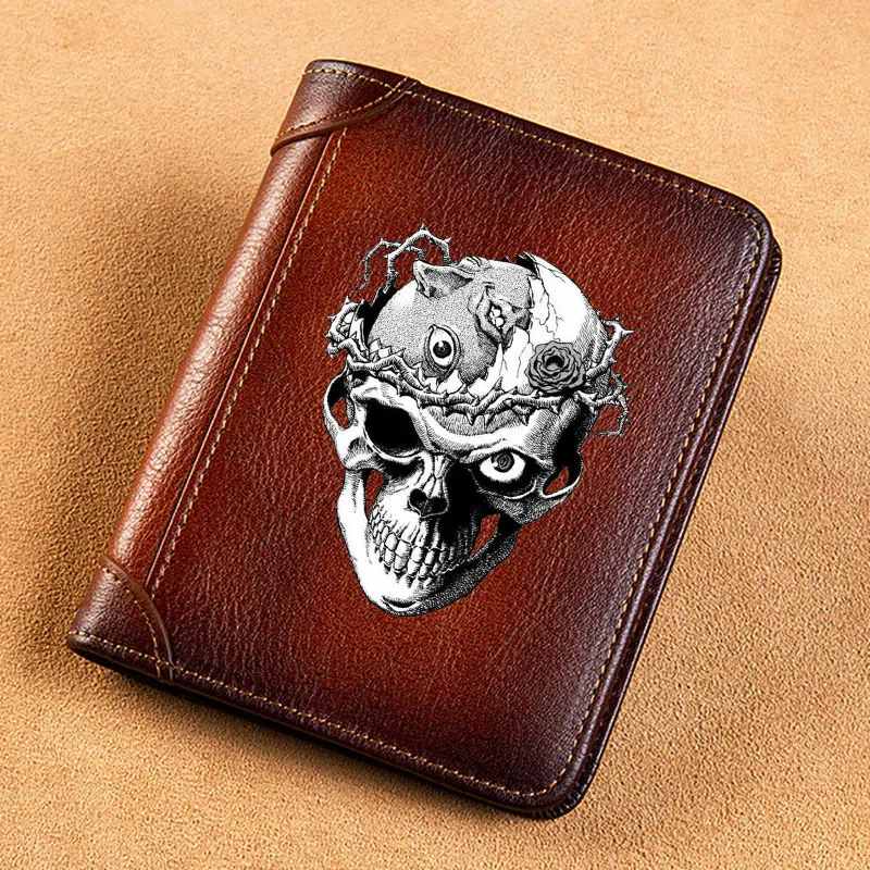 High Quality Genuine Leather Men Wallets Steampunk Tattered Skull Printing Short Card Holder Purse Billfold Men's Wallet