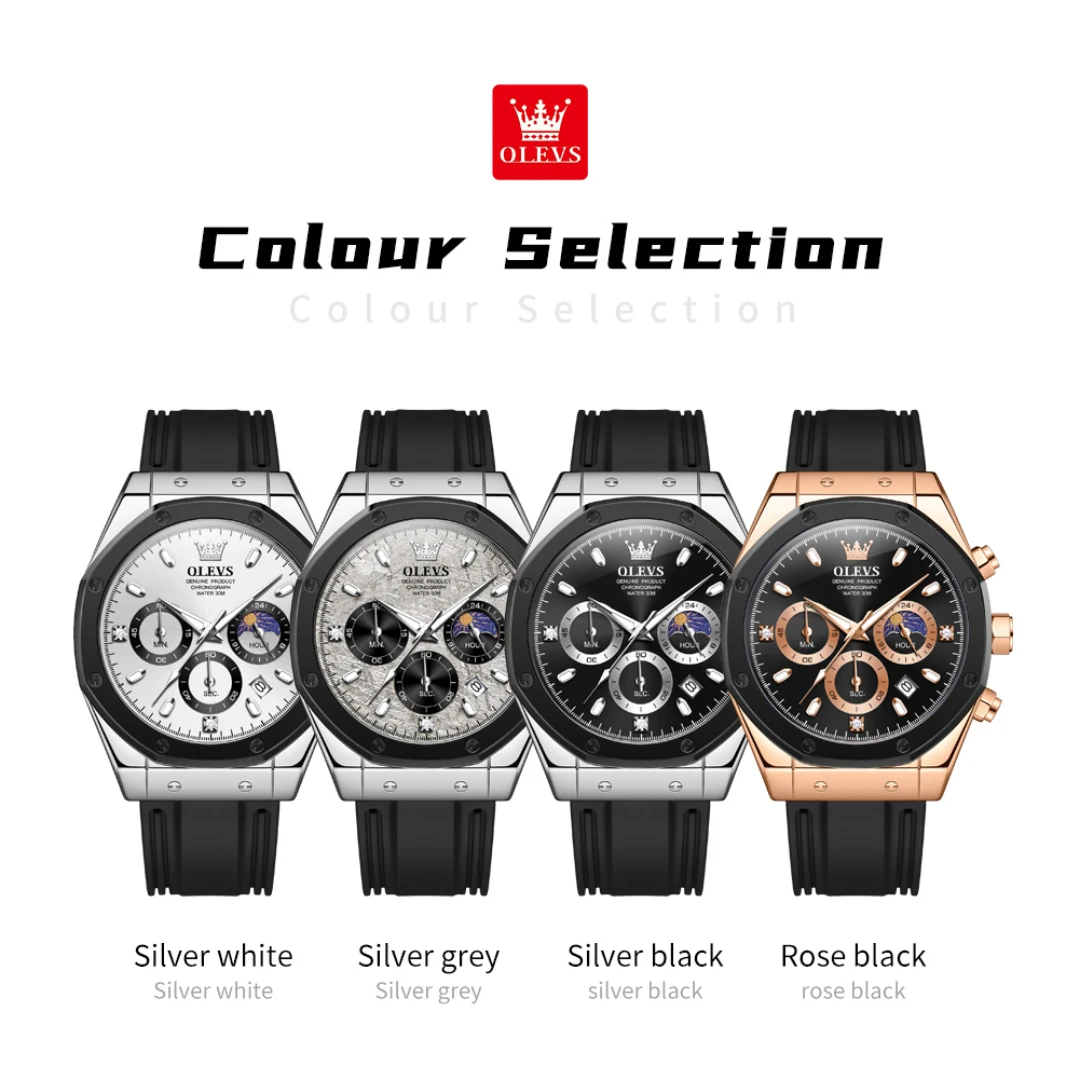 OLEVS 9911 Sport Quartz Watch Gift Silicone Watchband Round-dial Wristwatch Moon Phase Calendar Luminous Timer