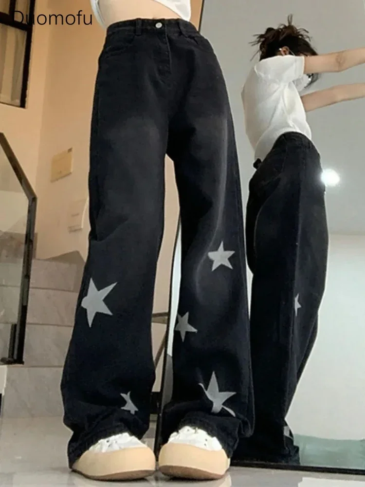 

Duomofu American Black Star Printing Loose Straight Female Jeans Vintage High Waist Slim Fashion Full Length Simple Women Jeans