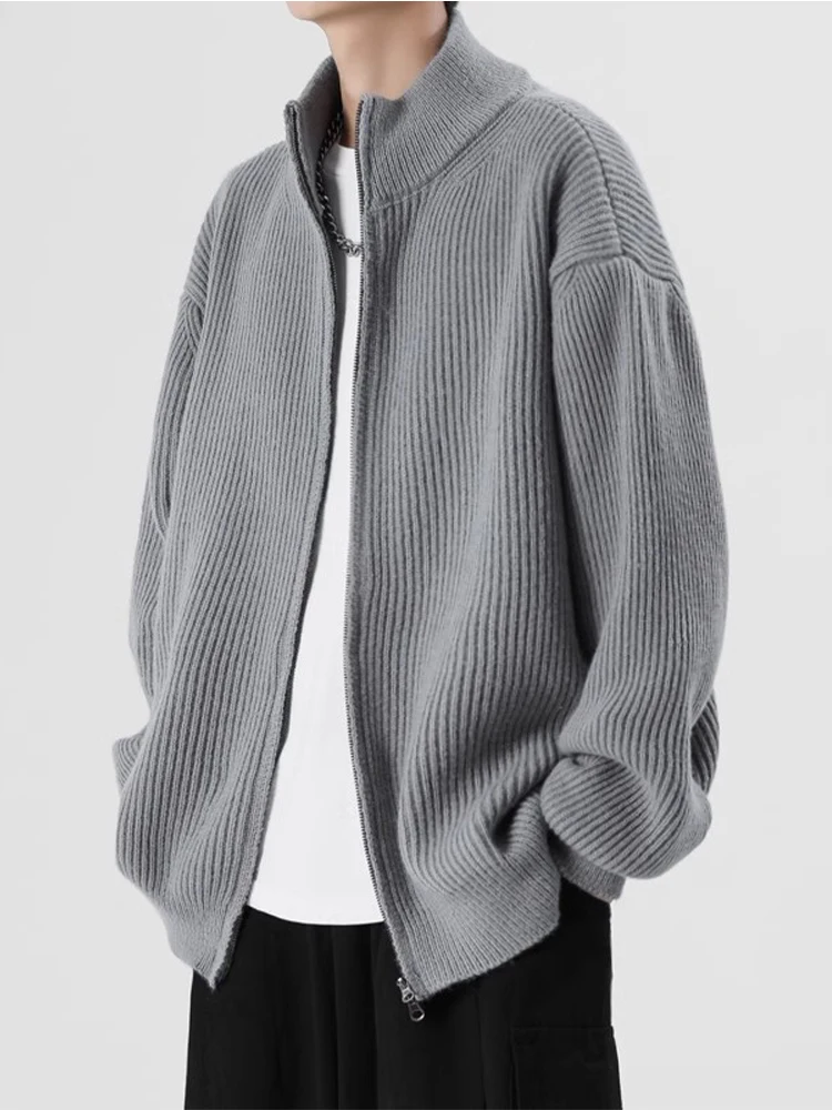 

Мужской вязаный кардиган с воротником-стойкой и двусторонней молнией, осенне-зимний, свободного кроя, модный городской стиль, полиэстер