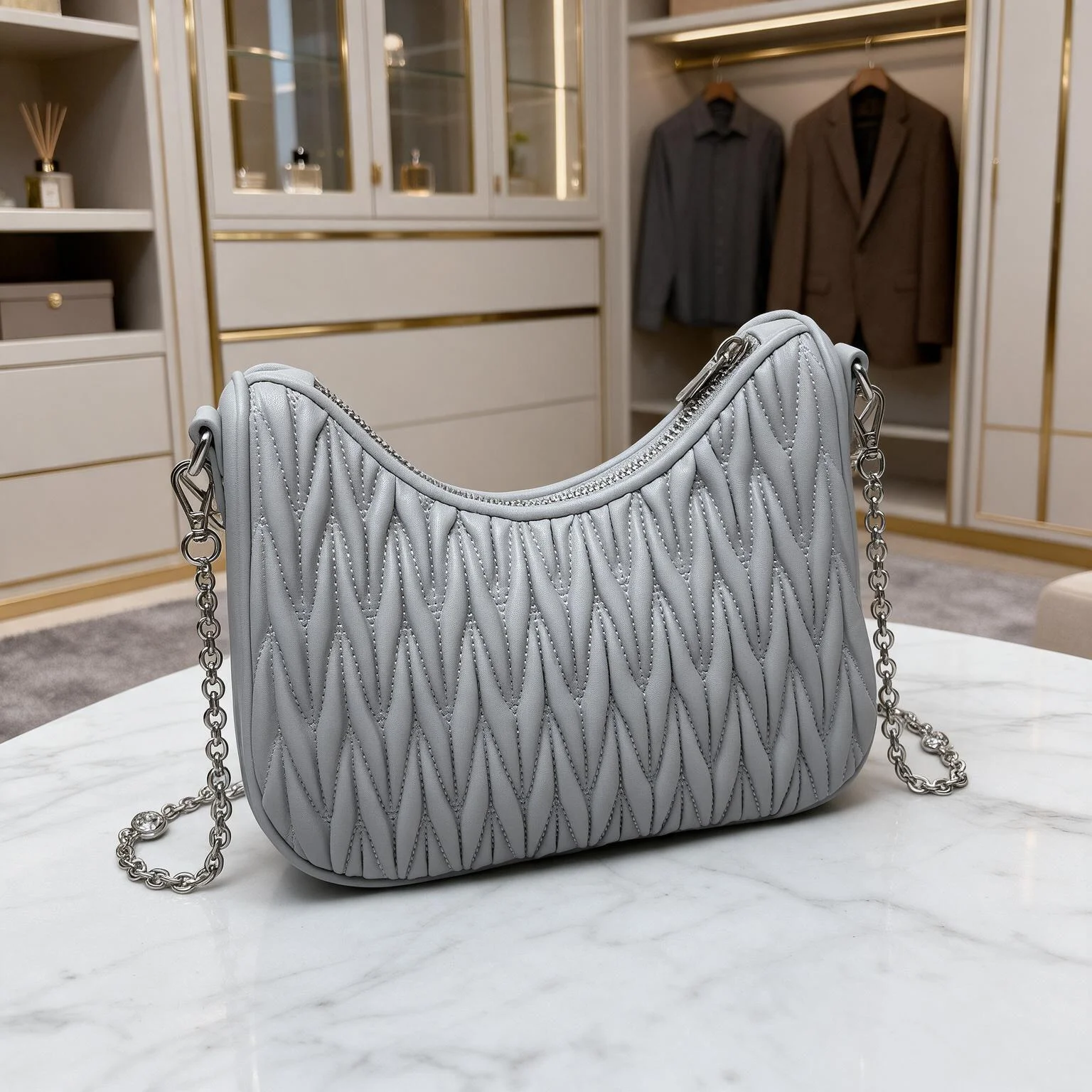 Women Ruched Hobo Chain Bag Crystal Decor Strap Mini Shoulder Crossbody Bag Evening Handbag