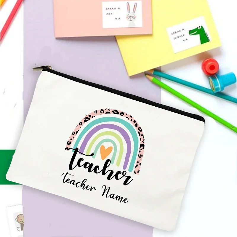 Rainbow Teacher Print Custom Name Stationery Pencil Case Personalized Supplies Storage Bags Travel Wash Pouch Makeup Bag Gifts