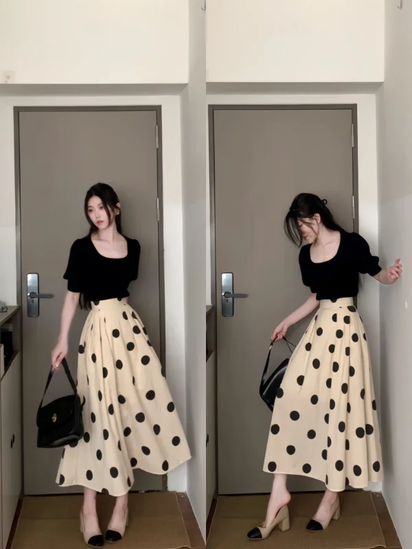 

Parkyeon Women's Knitted Short Sleeve T-shirt Bubble Sleeve Square Collar Bubble Dress Two-Piece Set Casual Summer Fashion