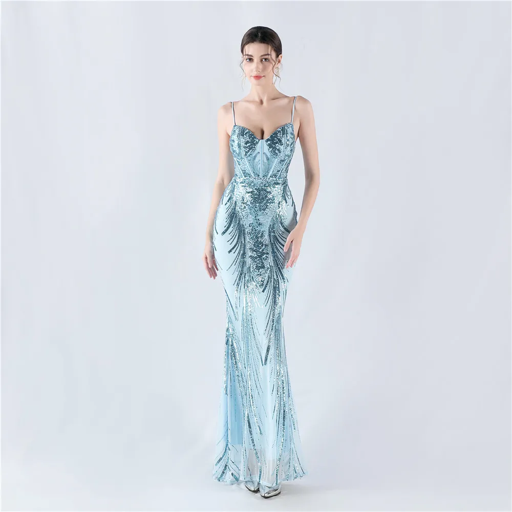 Women's Spaghetti Sequined Positioning  Flowers   Prom Dresses Mermaid Evening Gowns