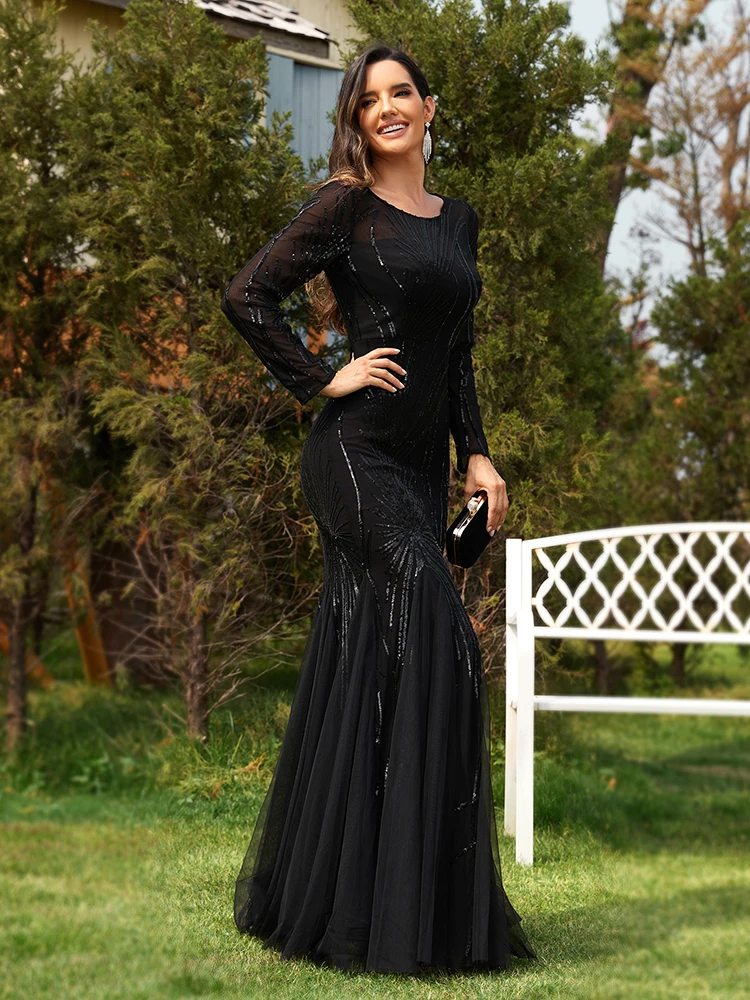 XUIBOL-Elegante vestido de lantejoulas preto com decote em O feminino, mangas compridas, tule, festa de casamento, vestido maxi, até o chão, vestido de baile, 2024