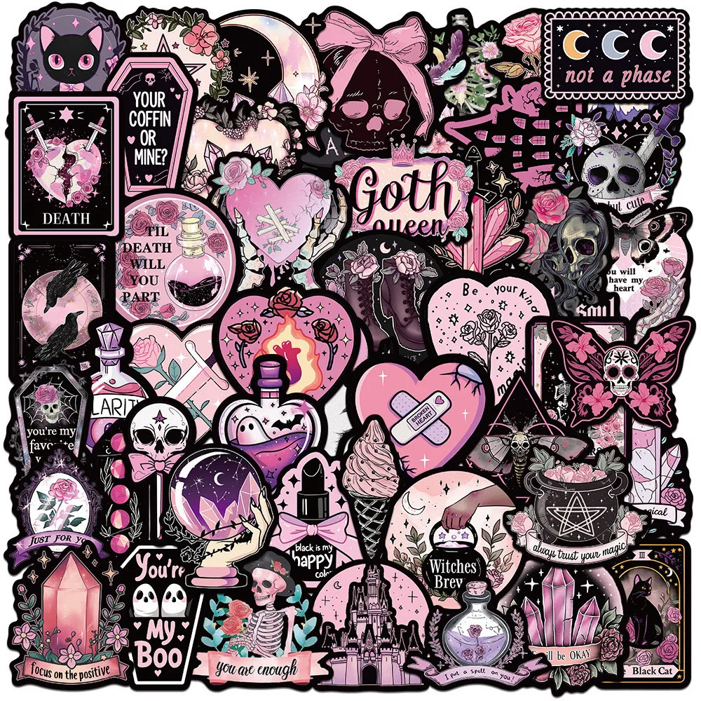 50PCS Pink and Black Gothic Waterproof Graffiti Stickers for Helmet Bicycle Hand Account Pencil Case Decals - view 2