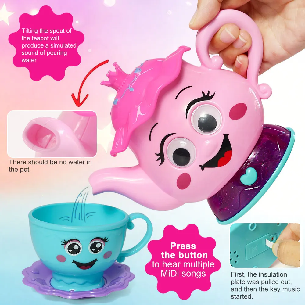 مجموعة إبريق شاي التظاهر بالشاي بعد الظهر للفتيات الصغيرات، لعبة وقت شاي الأميرة بعد الظهر، إبريق شاي كرتوني للموسيقى، لعبة مطبخ ديم سوم #2