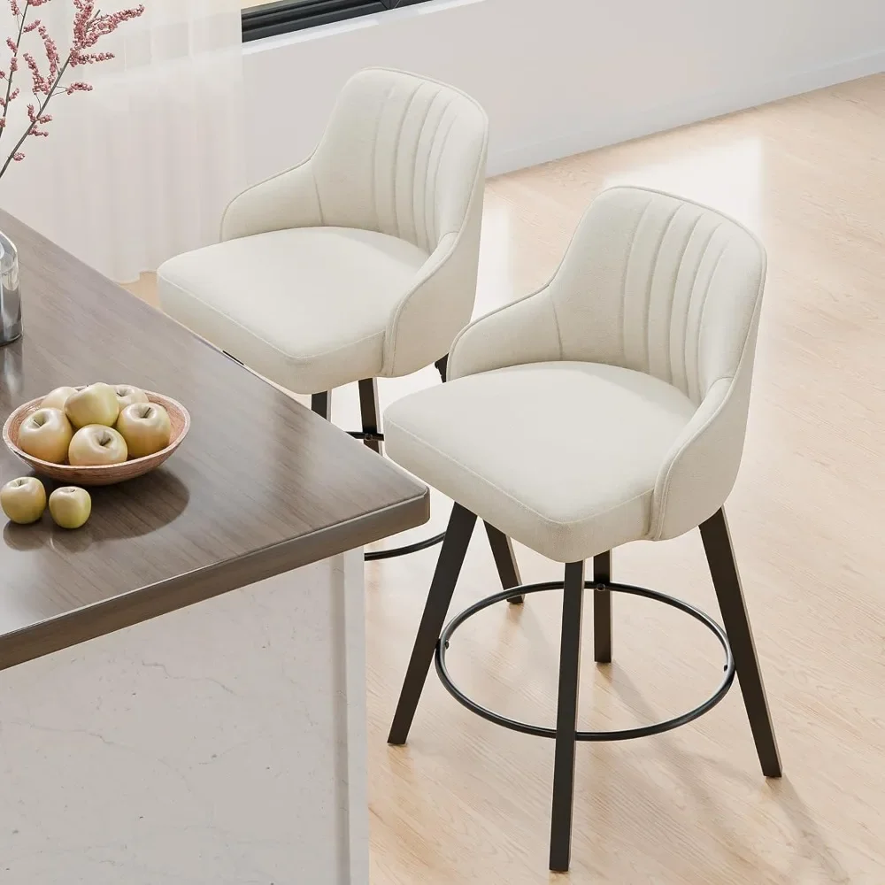 مجموعة مقاعد للبار دوارة مكونة من 2، مقعد منجد من قماش الكتان مع ظهر، كراسي عالية للمطبخ بارتفاع العداد