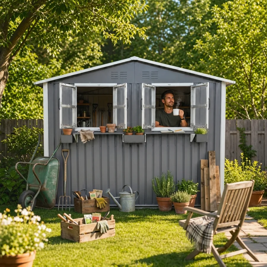 9x6 FT Outdoor Metal Storage Shed with Window and Flower Rack, Lockable Double Doors Tool Shed, Waterproof Weatherproof Garden