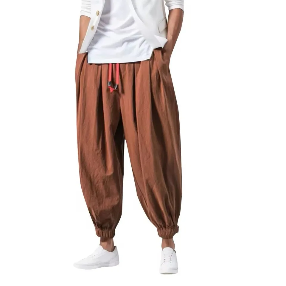 جديد كبير الحجم الرجال فضفاض سراويلي حريمي الخريف الكتان الصيني زيادة الوزن Sweatpants عالية الجودة ماركة غير رسمية بنطلون الذكور