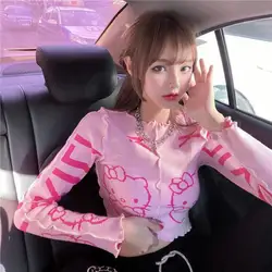 Hot Kawaii Hello Kitty Internet Celebrity Bottoming Shirt T-Shirt Top Girl Sweet Sweater Short Knitted Sweater Casual Inner Wear