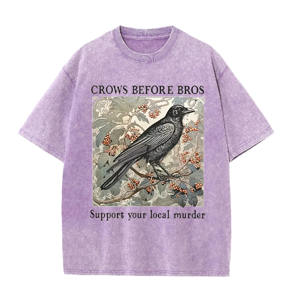 2026 Vintage Washed Beige Retro Crow Botanical Graphic T Shirt Gothic Bird Art Print Oversized Casual Short Sleeve Tee