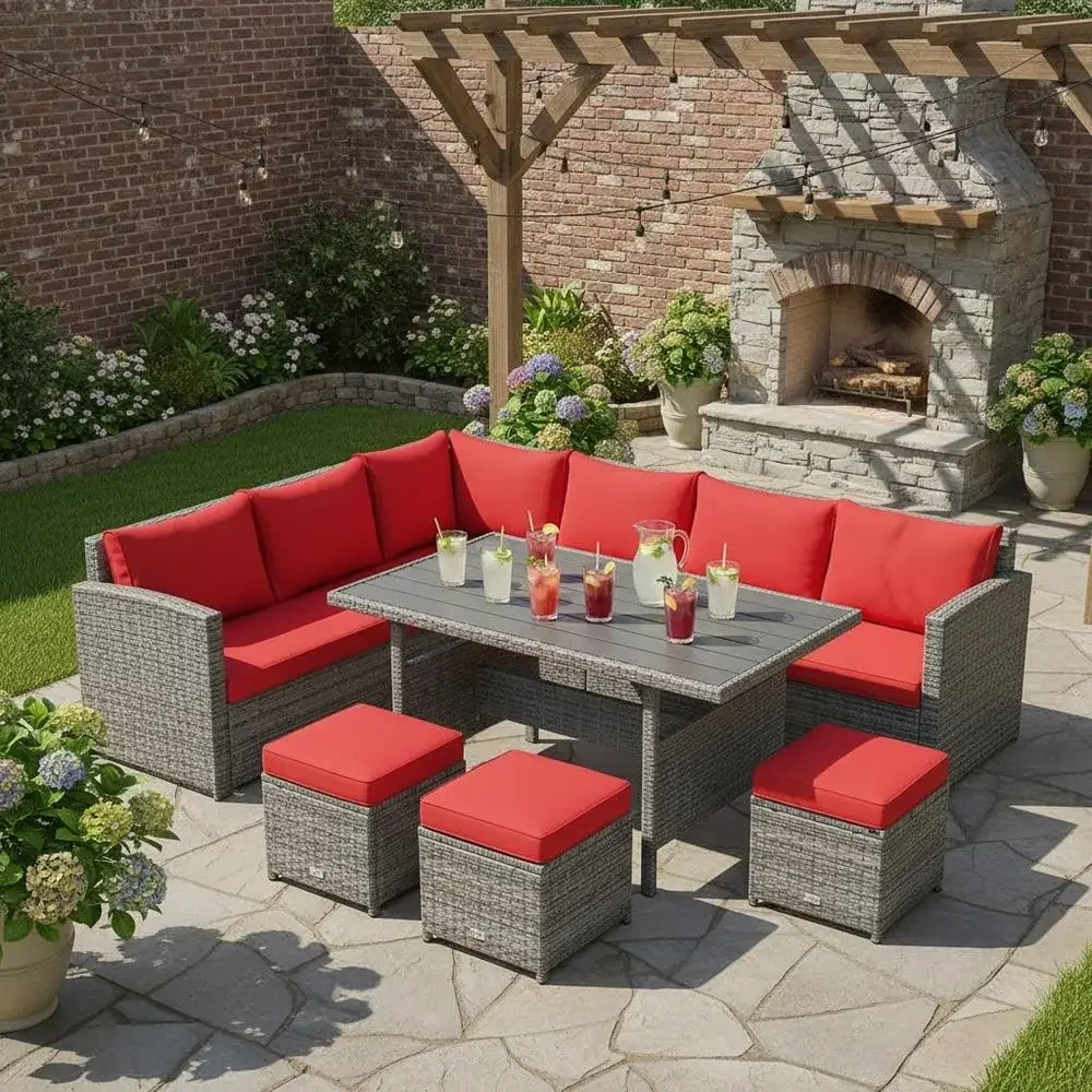 7-Piece Outdoor Patio Sectional Sofa Set with Cushions, Weather-Resistant Wicker, Includes Dining Table and Ottomans for Garden