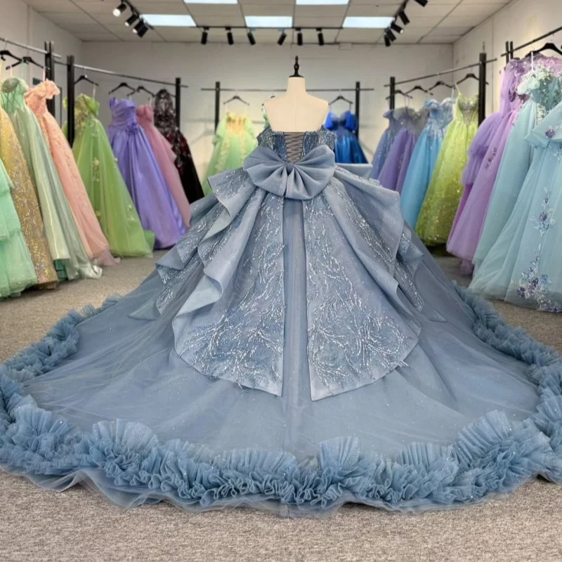 Blue Shiny Princess Quinceanera Dresses Off Shoulder Applique Beads Tiered Tull Sweet 16 Dress Ball Gown Vestidos 15 Anos