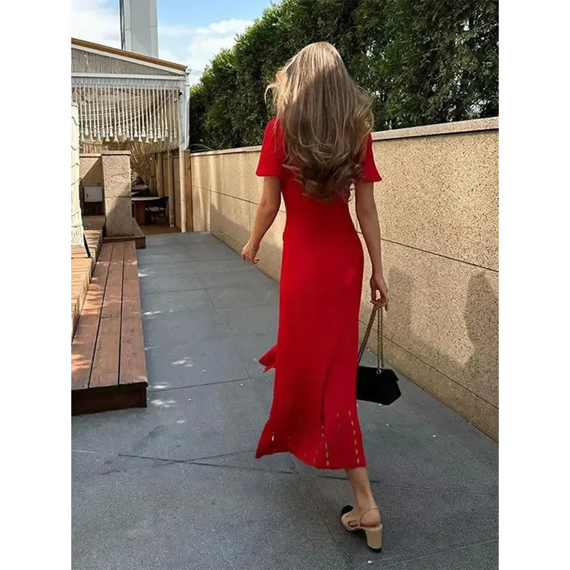 V-Neck Slimming Red Long Dress Bubble Sleeved Knitted Beach DressesHollowed Out Single Breasted Button Women Robe