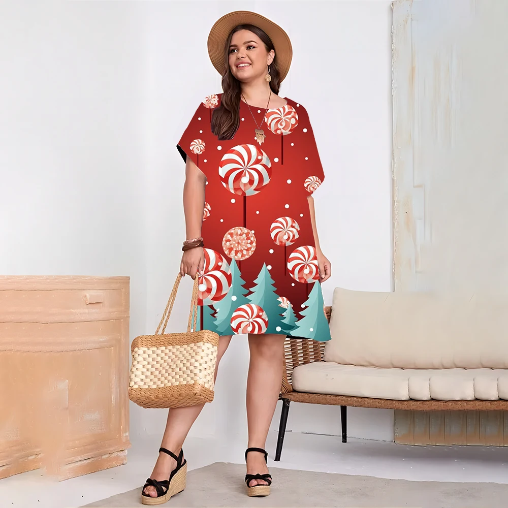 Sukienka na przyjęcie bożonarodzeniowe Elegancka słodka sukienka z krótkim rękawem 3D Lollipop Print Luźna sukienka Moda Plus Size 9XL Casual Summer