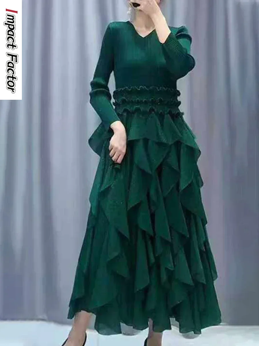 

Miyake Pleated Women Irregular Ruffle Maxi Dress 2024 New Mid Long Sleeve Loose V Neck Casual Party Dresses