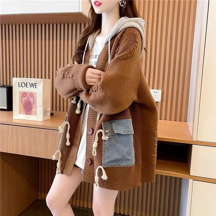 Women autumn Winter Sweater Cardigans Long Pockets Patchwork Knitted Jackets Button Up Hooded Sweater Jackets Warm Thick Sweater