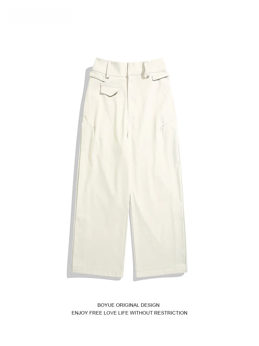 

Boyue American Retro Pleated Wide Leg Pants Loose Straight Cut Waist Belt High End Feelings Match All Long Trousers Men Women